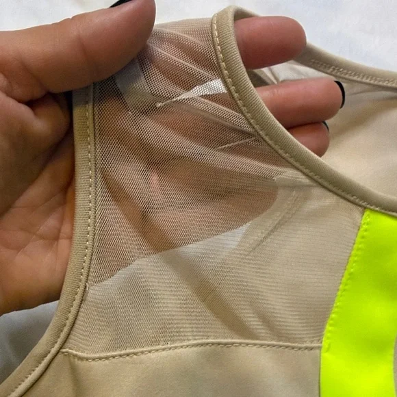 Neon Panel Bodycon Mini Dress | Tan & Lime | Sleeveless Club / Night Out Dress - Picture 5 of 10